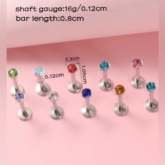 16g 10 Pcs Surgical Stainless Steel Rhinestone Lip Studs NWT - Picture 8 of 13